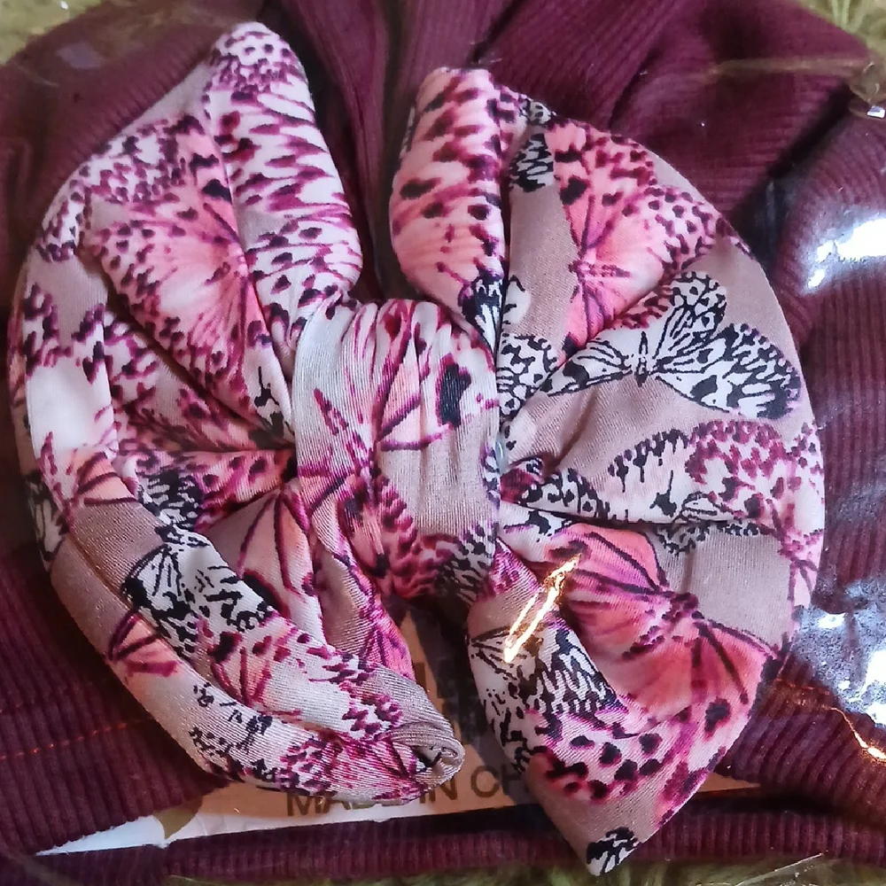 Turban Baby Burgundy Cap With Floral‎ Patterned Bow